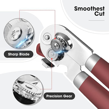 Beneno Can Opener Manual with Magnet, Hand Held Heavy Duty Can Opener with Durable Sharp Blade Smooth Edge, Big Effort-Saving Knob, Soft Grip Rubber Handle, Multifunctional Bottle Opener, Red
