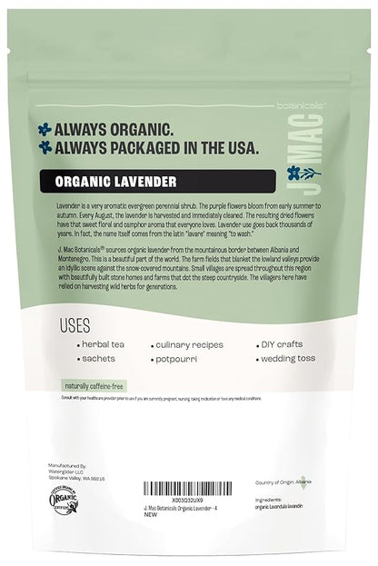 J MAC BOTANICALS, Organic Lavender Flower (4 oz), Dried Lavender Flowers, Buds, Manufactured in The USA