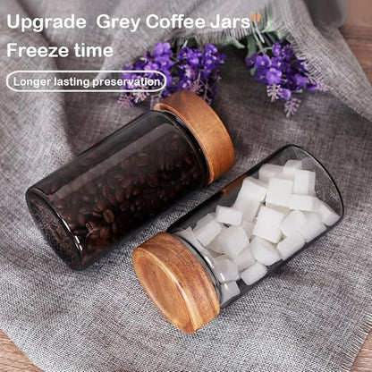 SAIOOL 3 Packs grey Glass Food Storage Jars with Screw Airtight Seal Acacia Wood Lids,Spice Jars with Lids, Organization for Jars Bottles Containers Travel Gear, Sugar, Salt,Coffee, cookies,spices