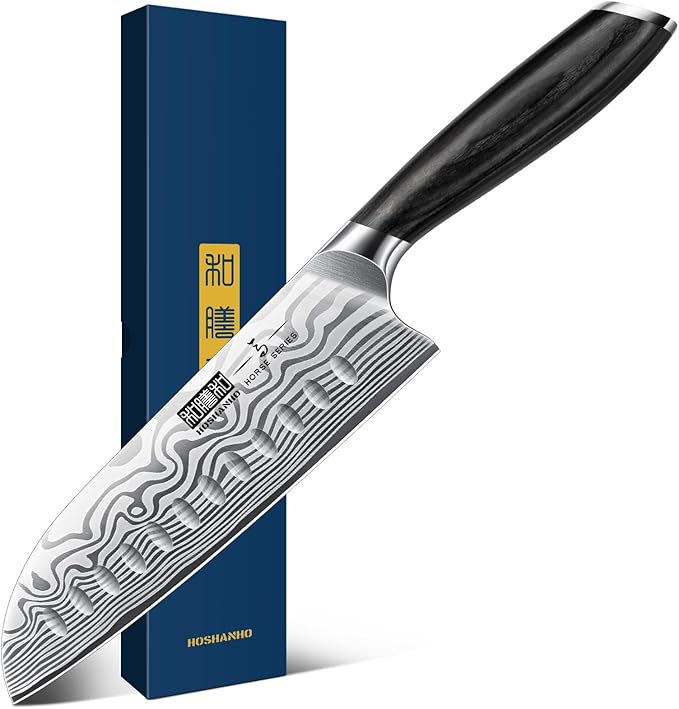 7 Inch Santoku Knife, Ultra Sharp Japanese High Carbon Powder Steel Kitchen Knife, Professional Chefs Knife with Ergonomic Handle