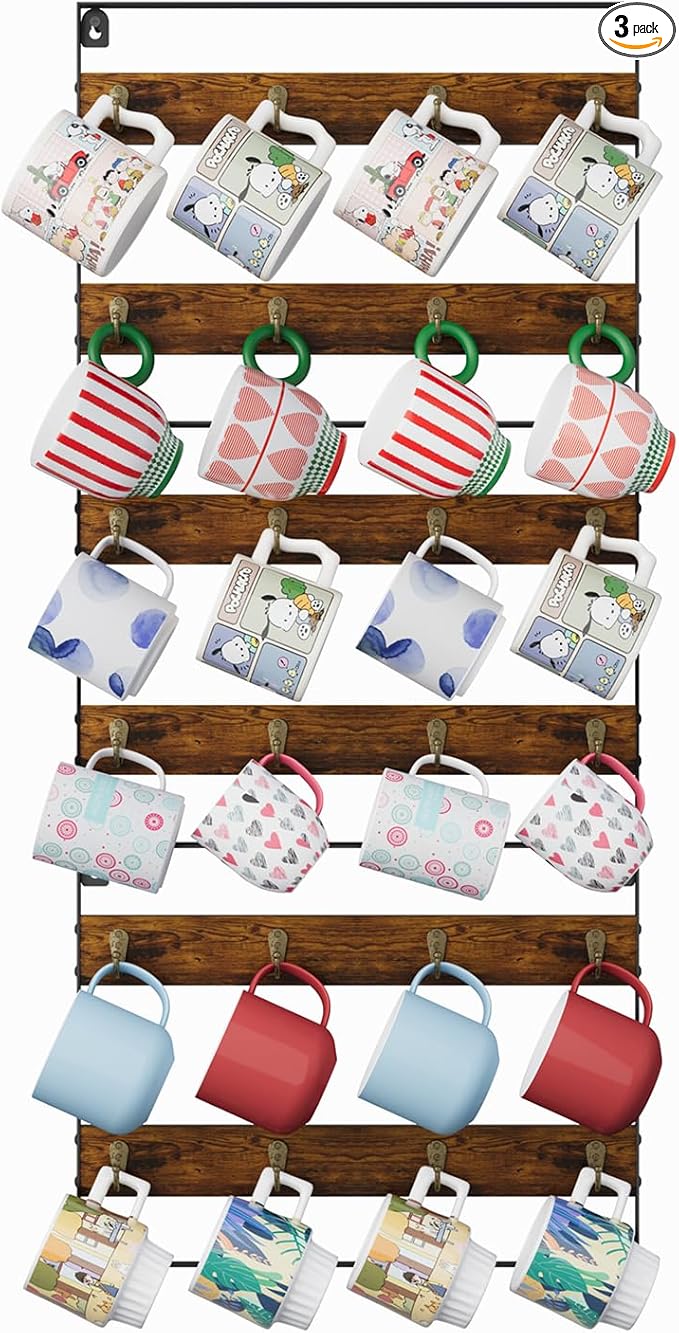 Mug Racks for Wall, Coffee Mug Holder Wall Mount Up to Hold 24 Mugs, Coffee Mug Rack Wall Mounted（3Pack） for Kitchen, Home, Coffee Bar, Rustic Wood and Iron