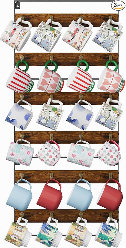 Mug Racks for Wall, Coffee Mug Holder Wall Mount Up to Hold 24 Mugs, Coffee Mug Rack Wall Mounted（3Pack） for Kitchen, Home, Coffee Bar, Rustic Wood and Iron