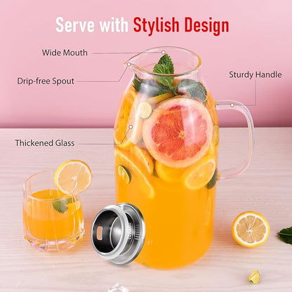 Glass Pitcher, veecom 105 Oz Large Glass Water Pitcher with Handle and Lid, Pitchers for Drinks, Iced Tea Pitcher for Fridge, Lemonade Juice Jugs