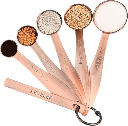 Copper Plated Measuring Cups and Spoons Set, 5 Stainless Steel Measuring Cups & 5 Metal Measuring Spoons Set with Leveler, US & Metric Kitchen Measure Cups & Spoons Set for Baking & Cooking