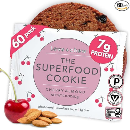 Love + Chew Superfood Soft Baked Cookies, Cherry Almond Flavor, Plant Based Cookie Made With Chia Seeds, Almonds & Cherries for Kids and Adults, Vegan Snacks, Gluten Free, Paleo, Non GMO, 60 Pack