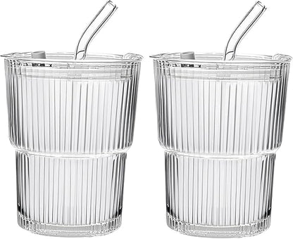 13oz/400ML Glass Tumbler with Straw and Lid Ribbed Vertical Ice Coffee Cups Sealed Carry on for Coffee Iced Tea, Thick Wall Glassware Tumbler Water Glass (Clear 2pcs)