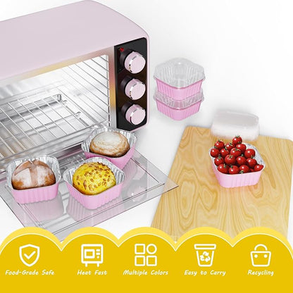 50 Pack Square Mini Cake Pans with Lids,Mini Loaf Pans with Lids,Aluminum Foil Baking Cups,Disposable Ramekins Cupcake Cups,Dessert Cups for Wedding Birthday Party Picnics,5oz (Pink)