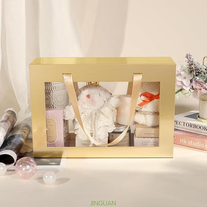 Large Gold Clear Gift Box, 13.5x9x4.1 Inches Gift Box with Window by Handle, Bridesmaid Proposal Box, Collapsible Gift Box with Magnetic Closure (Glossy Gold, 1 Pack)