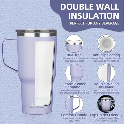 20 oz Insulated Coffee Mug with Ceramic Coating, Stainless Steel Travel Mug Tumbler with Handle Lid and Straw, Double Wall Leak-Proof Coffee Travel Mug Keeps Drink Hot and Cold (Light Purple)