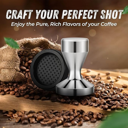 Flexzion Coffee Tamper 58mm Espresso Tamper Tool, Stainless Steel Barista-Quality Hand Press Espresso Maker with Ergonomic Silver Handle for Home and Professional Use