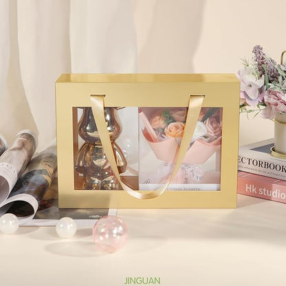 JINGUAN 5 Gold Gift Boxes with Windows, Gift Boxes with Lids and Handles, Clear Magnetic Gift Boxes for Presents, Bridesmaid Proposal Boxes (10.5x7.5x3 Inches