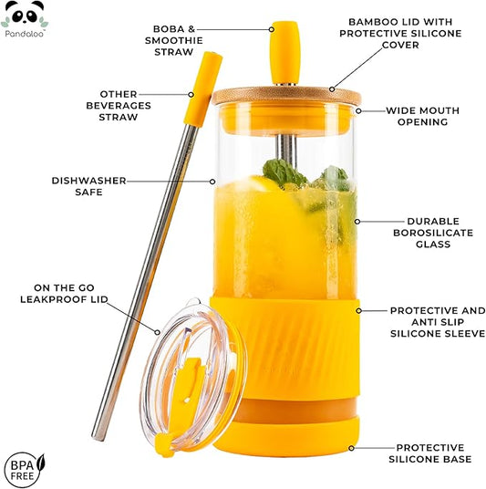 Pandaloo® Glass Cups With Lids and Straws -20 Fl Oz- Perfect Size Iced Coffee Cup - Smoothie Cup With Bamboo Lid and On the go Lid - Glass Tumbler With Straw (1 Count (Pack of 1), Maracuja Dream)