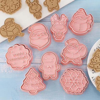 8 Piece Christmas Cookie Cutters, 3d Raised Design Gingerbread Cookie Stamps, Cookie Cutter Set suitable for Frosting Decoration, Mini Pie Molds, Apple Pie Pastry Biscuit Cutter (Christmas-C)