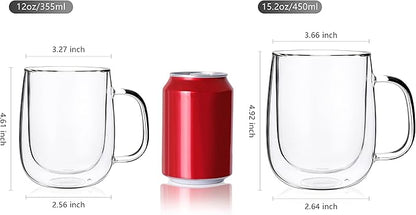 CNGLASS Glass Coffee Mugs 12oz,Double Wall Insulated Mug Set with Handle,Clear Glass Espresso Mugs for Latte,Cappuccino,Tea Bag,Hot and Cold Beverages,Set of 2