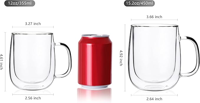 CNGLASS Large Double Wall Glass Coffee Mug 15.2oz,Clear Insulated Glass Espresso Cup with Big Handle,set of 2