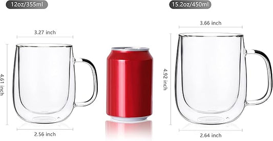 CNGLASS Large Double Wall Glass Coffee Mug 15.2oz,Clear Insulated Glass Espresso Cup with Big Handle,set of 2