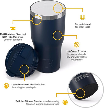 RTIC 30oz Essential Tumbler with Lid, Insulated, Stainless Steel, Metal, Double Wall Vacuum-Insulation, Ceramic Lined, Travel Cup for Iced Coffee, Tea, Hot and Cold Drink, Navy