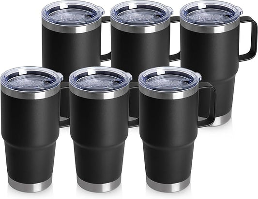 HASLE OUTFITTERS 20oz Tumbler Bulk with Lid, Stainless Steel Tumbler Bulk with Handle, Metal Insulated Travel Coffee Mug Set with Handle, Double Wall Vacuum Leak Proof Tumbler Cup, Black 6 Pack