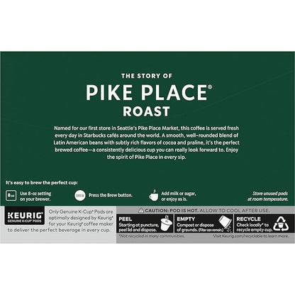 Starbucks K-Cup Coffee Pods, Medium Roast Coffee, Pike Place Roast for Keurig Brewers, 100% Arabica, 6 boxes (60 pods total)