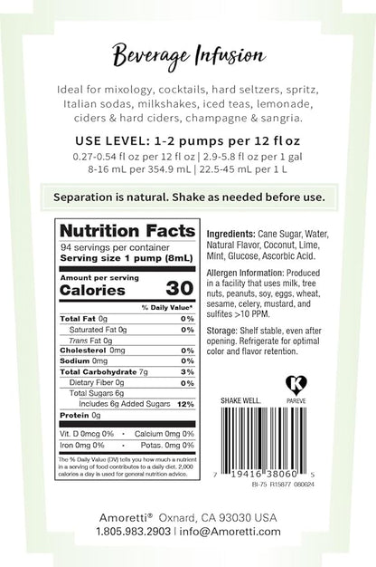 Amoretti - Mojilada® Beverage Infusion, 94 Servings Per Bottle (750 ml) - Drink Mix & Water Enhancer with Pump for Flavoring Cocktails, Waters, Teas, and other Beverages, Preservative Free