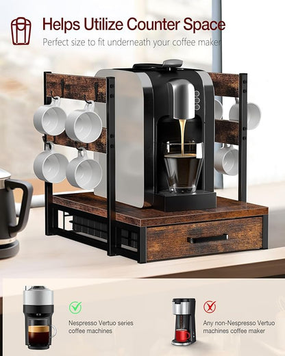 Coffee Pod Holder, Vertuo Pod Holder Compatible with Nespresso, 28 Large or 56 Small Nespresso Capsule Organizer Drawer Station with Cup Rack, Rustic Brown
