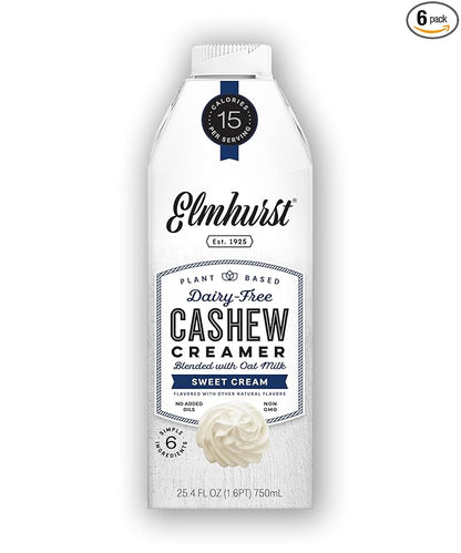 Elmhurst 1925 Sweet Cream Cashew Creamer - Dairy-Free, Vegan, Kosher, Low Sugar, Shelf Stable Creamer Made with Cashew & Oat Milk for Healthier Coffee, Latte and Smoothies - 25.4 Ounce (Pack of 6)