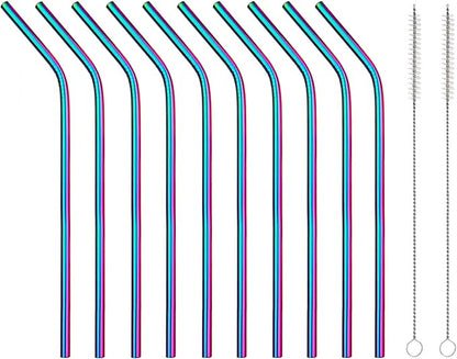 10 Pcs Stainless Steel Straws, Reusable Drinking Straws, Bent Metal Straw Sets with 2 Pcs Cleaning Brushes (Colorful, 10.5 Inch)