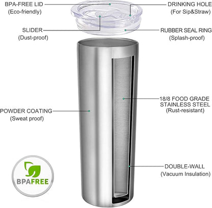 VEGOND Stainless Steel Skinny Tumbler, 20 oz Vacuum Insulated Tumbler with Lid and Straw, Double Wall Coffee Cup, Travel Mug for Cold Hot Drinks, Stainless Steel 1 Pack