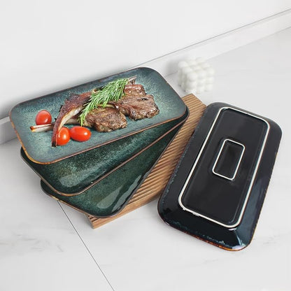 Ceramic Serving Dinner Plate Set, 4-Piece for Main Meals, Tacos, Lunches, Snack, Platters - Microwave and Dishwasher Safe, Scratch Resistant, Kitchen Serving Dinnerware, Black 12.4 Inch
