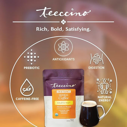 Teeccino Instant Organic Hazelnut Herbal Coffee– 33 servings – Instant Chicory Coffee Alternative with Buttery Hazelnuts Slightly Sweetened by Dates That’s Prebiotic, Caffeine-Free & Acid Free - 3.53 ounces