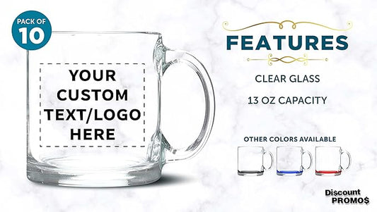 Custom Libbey Clear Glass Coffee Mugs 13 oz. Set of 10, Personalized Bulk Pack - Perfect for Coffee, Tea, Espresso, Hot Cocoa, Other Beverages - Clear Bottom