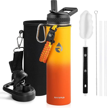 Insulated Water Bottle 24oz, Triple Wall Vacuum Stainless Steel (Cold for 48 Hrs, Hot for 24Hrs), Leak Proof & Non-BPA, 24oz Hydro Water Flask with Paracord Handle & Straw Spout Lids