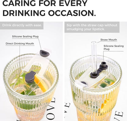 2PCS 20oz Glass Cups with Lids and Straws, Iced Coffee Cups with Lids, Stylish Ribbed Thick Drinking Glasses Tumbler for Juice, Smoothies, Cold Beverages, Cute Cup Gifts with Clean Brush