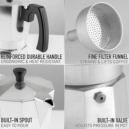 Zulay Moka Pot Espresso Stovetop Coffee Maker - Leak-Proof, Stainless Steel, Easy to Clean, Heat Resistant Handle & Knob -for Authentic Cuban & Italian Style Espresso - Makes 12 Espresso Cups - Silver