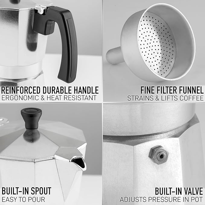 Zulay Moka Pot Espresso Stovetop Coffee Maker - Leak-Proof, Stainless Steel, Easy to Clean, Heat Resistant Handle & Knob - Makes 3 Espresso Cups - Silver