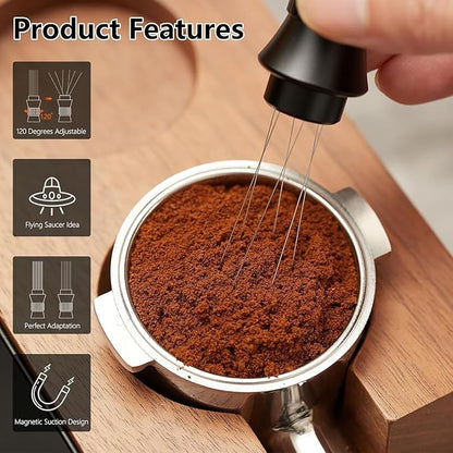 IKAPE 51MM Black Espresso Tool Set 8 IN 1, Coffee Tamper, Distributor, Magnetic Funnel, Puck Screen, Tamper Station, Stirrer Distribution Tool, Cleaning Towel and Brush