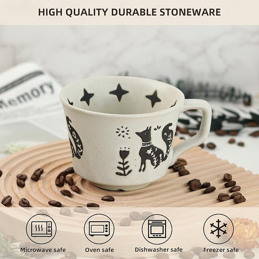 Ceramic Coffee Mug, 12 oz Novelty Unique Teacup with Large Handle, Stoneware Cup for Tea Mocha Latte Cappuccino Espresso (Set of 2, Fox and Bear)
