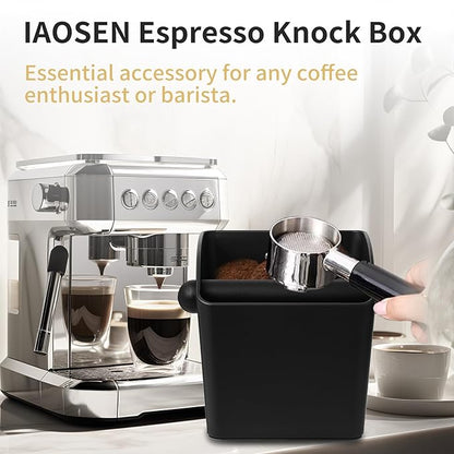 Large Square Knock Box Shock-absorbent Knock Box Espresso with Removable Knock Bar and Non-Slip Base Espresso Accessories for Home/Office (Large Black Knock Box with Tamper Mat)
