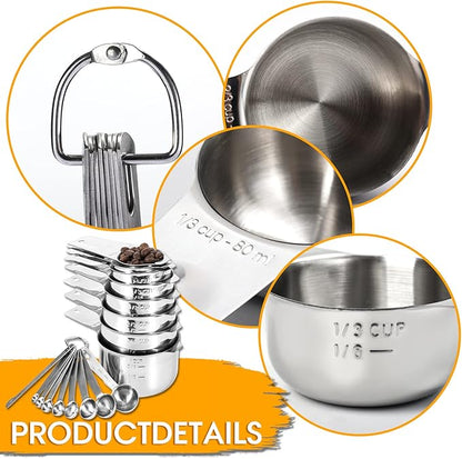17 Piece Stainless Steel Measuring Cups and Spoons Set, with 1/16 Cup,1/3 Spoon and 1 Leveler