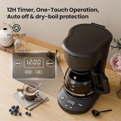 Kismile Compact Drip Coffee Maker, Anti-Drip System, 5 Cup Coffee Maker, Timer, Removable Funnel & Auto Shut-Off, Anti-Dry Protection, Perfect Small Coffee Machine for Home & Office (Black)