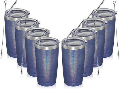 MEWAY 20oz Tumbler 8 Pack Double Wall Vacuum Insulated Travel Glitter Mug Bulk, Stainless Steel Tumblers with Lid and Straw, Powder Coated Coffee Cups for Woman(Rainbow Navy,Set of 8)