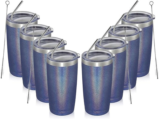 MEWAY 20oz Tumbler 8 Pack Double Wall Vacuum Insulated Travel Glitter Mug Bulk, Stainless Steel Tumblers with Lid and Straw, Powder Coated Coffee Cups for Woman(Rainbow Navy,Set of 8)