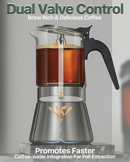 Grasseed Stainless Steel Moka Pot, Crystal Glass-top Coffee Maker Mocha Pot, Italian Stovetop Espresso Maker for Coffee - 9 Cup/360ml