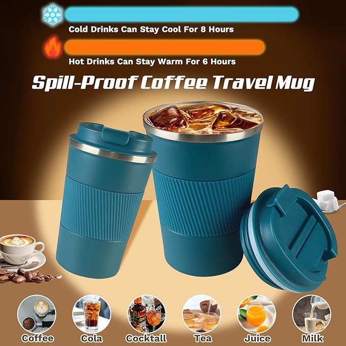 Vacuum-Insulated Stainless Steel Travel Coffee Mug, Leak-Proof Reusable Coffee Cup with Lid - Keep Hot & Cold Drinks for Hours, Durable Thermos Tumbler for Men & Women (3rd-Blue, 17OZ)