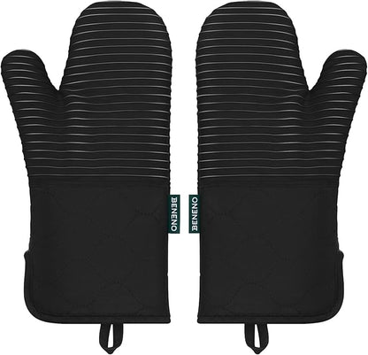 Beneno Kitchen Oven Mitts 2-Pack Heat Resistant to 500°F with Non-Slip Silicone Grip, Extra Long 14.3" Forearm Protection, Soft Quilted Cotton Terry Lining, Ideal for Cooking, Baking, Grilling, Black