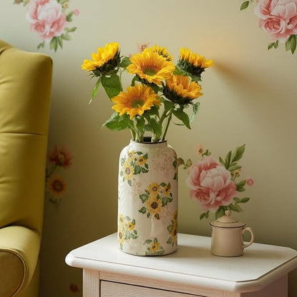 Vintage Ceramic Vase, 10.6 Inch Chinoiserie Sunflower Yellow Floral Vases, Retro Ice Cracked Rustic Antique Flower Vases for Modern Room Bathroom Shelf Home Decor (Large Cylinder)