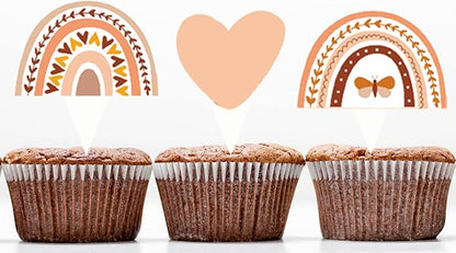 48 Pcs Boho Rainbow Party Cupcake Toppers for Boho Rainbow Birthday Party Decorations