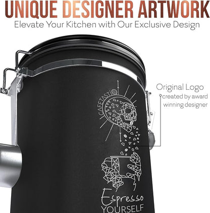 Large Coffee Canister – Airtight Stainless Steel Storage Container with Date Tracker & Scoop, Sealed Jar for Grounds, Beans, Tea, Flour, Cereal, and Sugar (Black Esspresso, 38OZ)