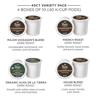Peet's Coffee, Keurig K-Cup Pods Dark Roast Variety Pack - Major Dickason's Blend, French Roast, Organic Alma De La Tierra, House Blend, 40 Count (4 Boxes of 10 K-Cup Pods)