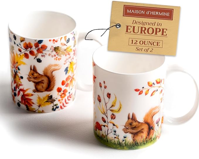 Maison d' Hermine Coffee Mug with Handles Fine Bone China Mugs Pack of Two Tea Cups for Hot Beverages Cappuccino Latte Home Restaurant Office Perfect for Gift (Sous-Bois, 12 Ounce)
